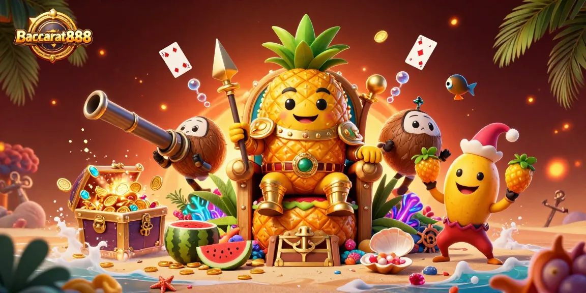 Experience Baccarat888 excitement with the pineapple king, coconut guards, and lively beach casino action.