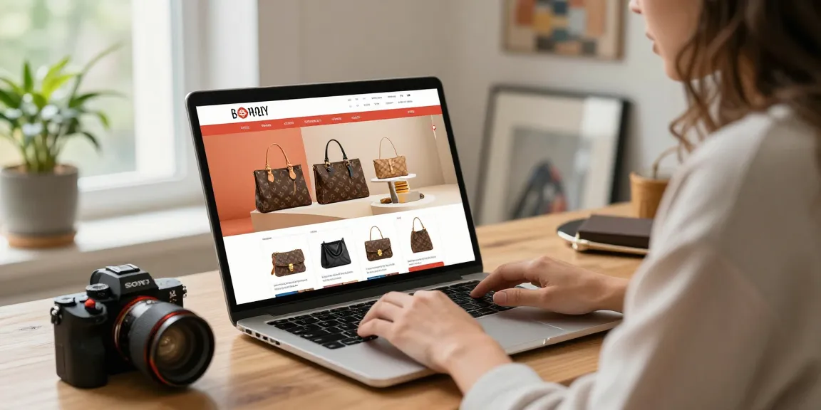 Engaging replica shopping scene showcasing stylish individual browsing 레플리카 쇼핑몰 on a laptop with vibrant product displays.