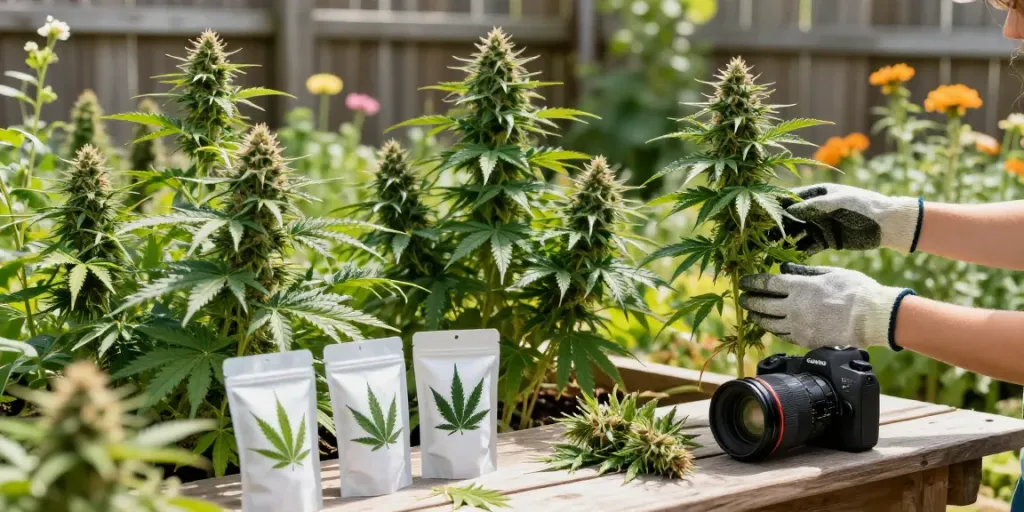 Best weed strains UK showcased in an outdoor cannabis garden with vibrant plants and educational strain labels.