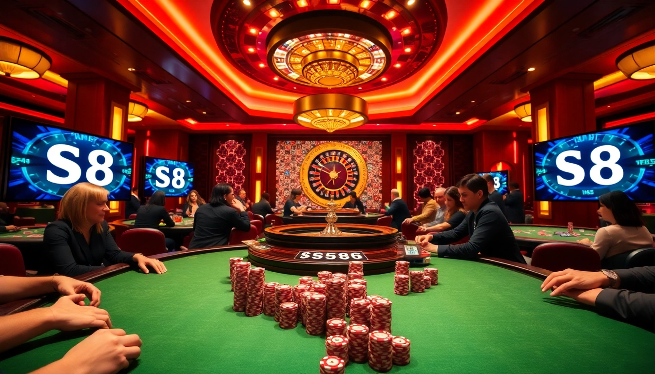 Exciting players at the S8 casino, showcasing vibrant poker tables and roulette in action.