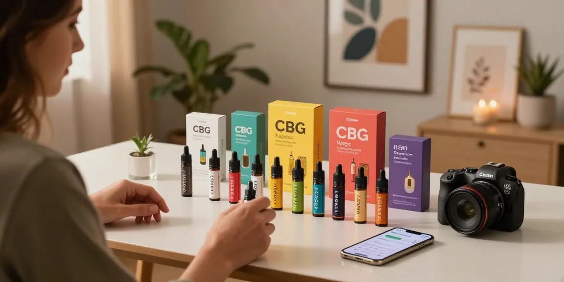 CBG Vape kaufen: Auswahl von aromatisierten CBG-Vape-Kartuschen in moderner Umgebung.
