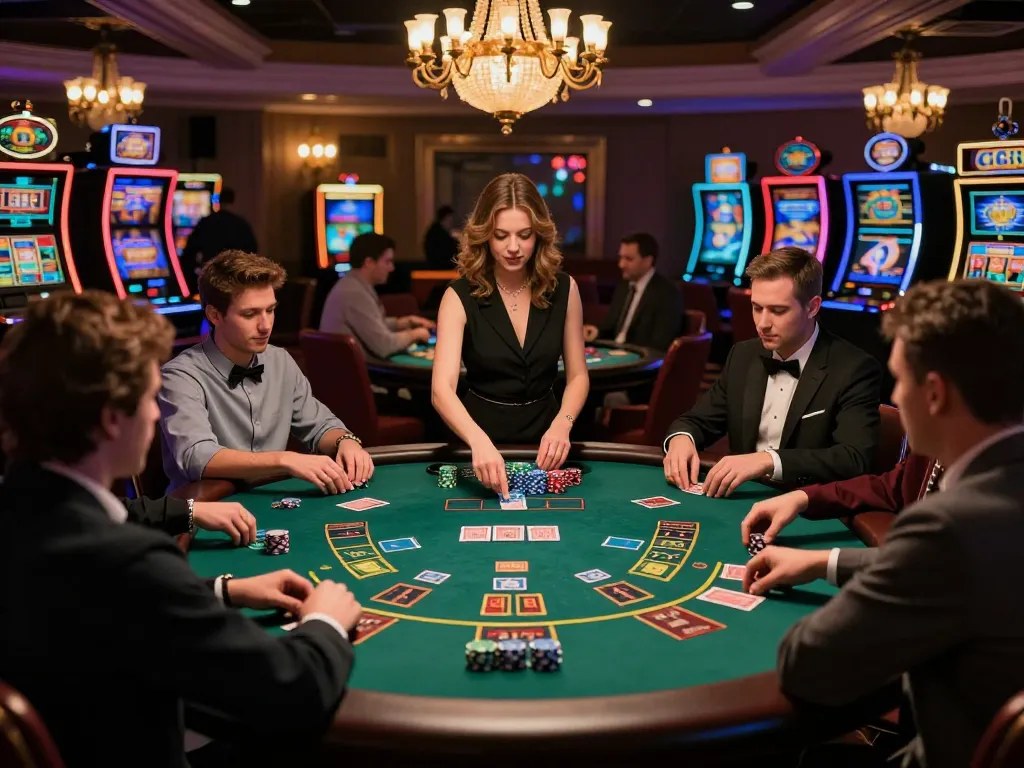 Players enjoying blackjack at GG88 casino with chips and cards in action, vibrant atmosphere