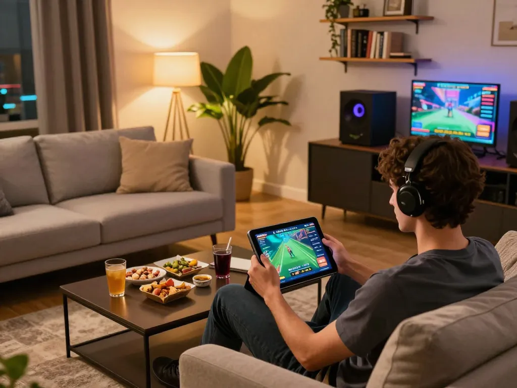 Engaging in LLWIN Function gameplay on a tablet in a cozy, stylish home gaming setup.