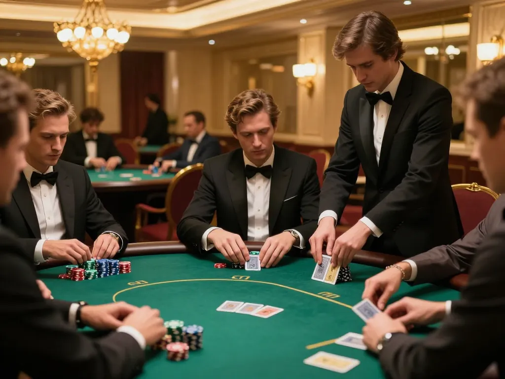 lc88 poker players at upscale casino table, engaging in high-stakes gameplay with chips and cards