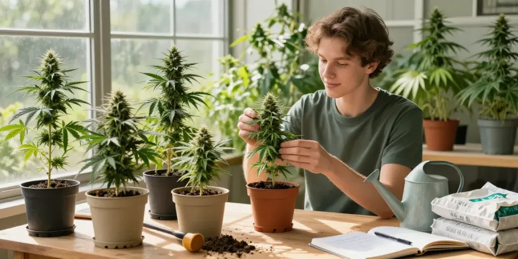 Young enthusiast tending to best weed strains UK in a bright greenhouse, showcasing vibrant cannabis plants and gardening tools.