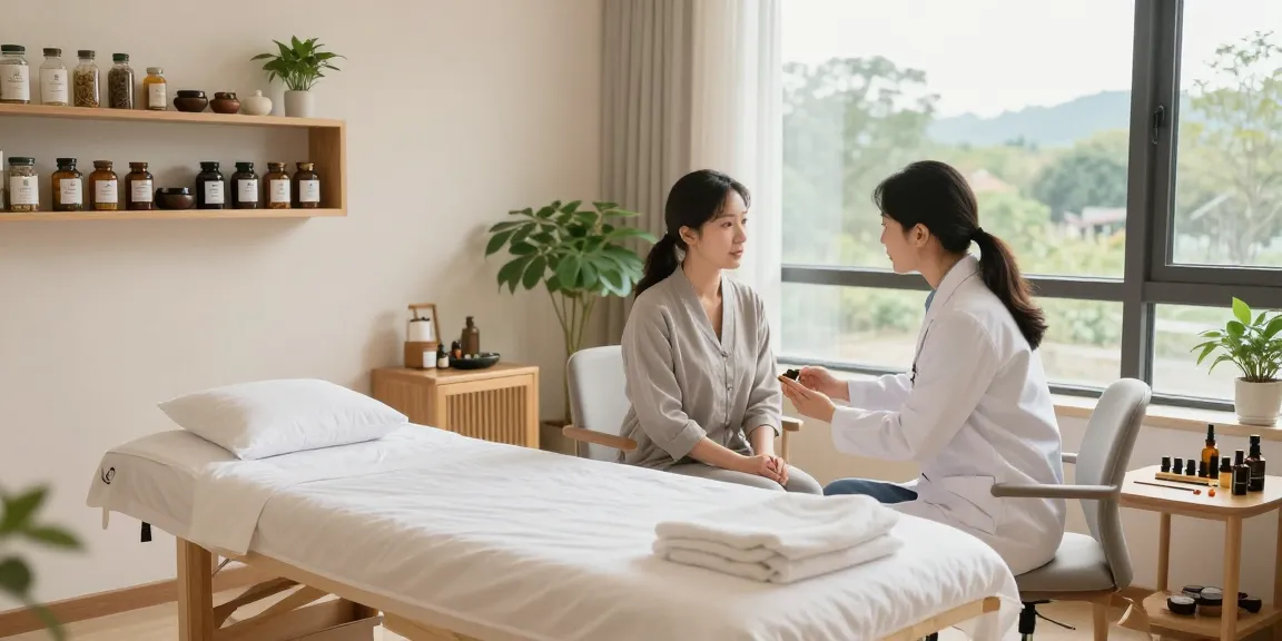 Consultation at 영통한의원 showcasing holistic healing atmosphere with a practitioner and patient.