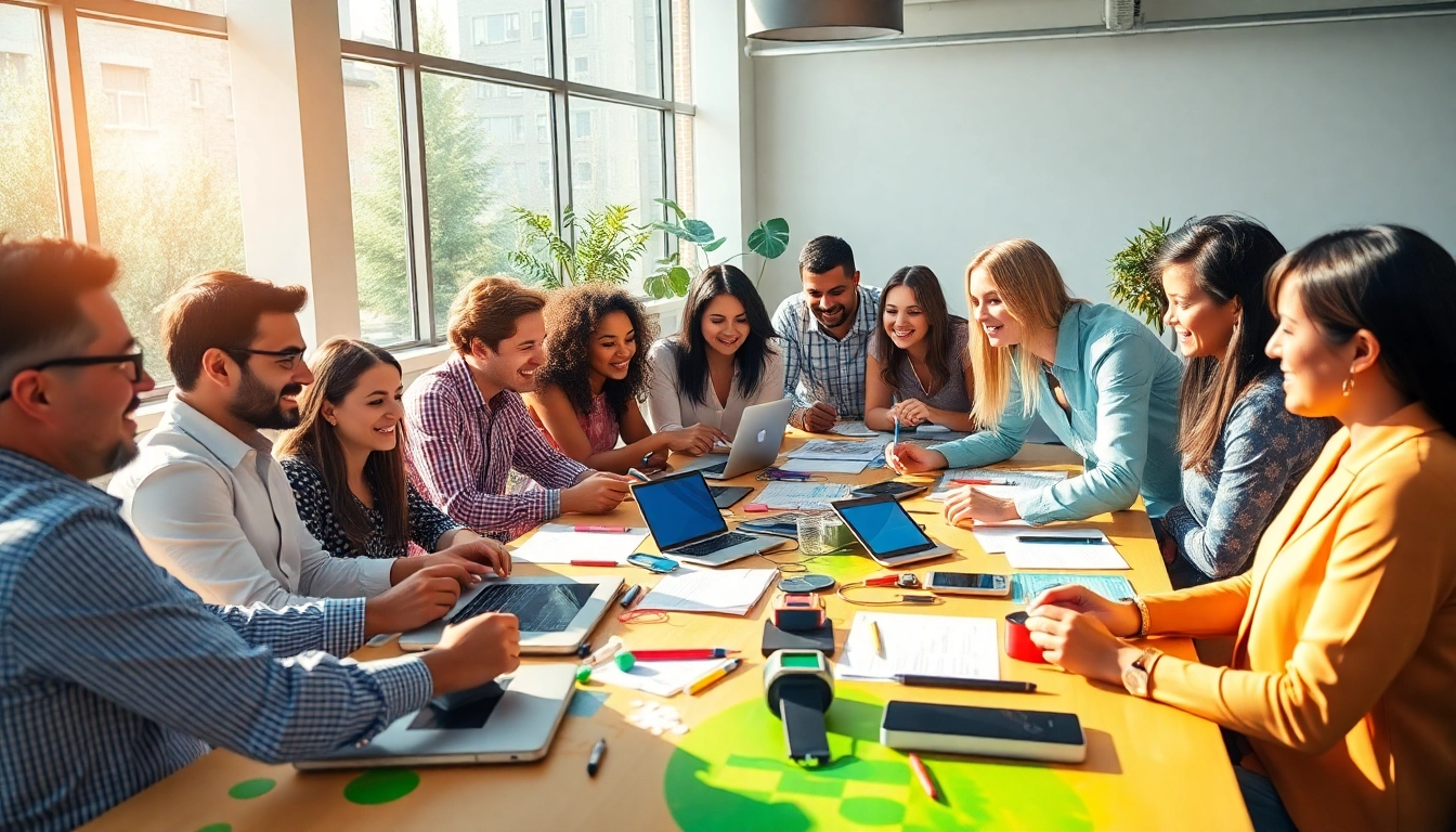 Team collaborating on technology projects in a bright workspace, embodying geekthc spirit.