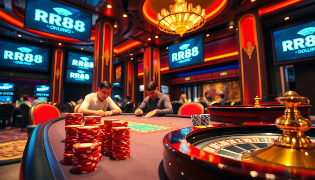 Exciting RR88 poker action at a luxurious casino, with players strategizing their moves.