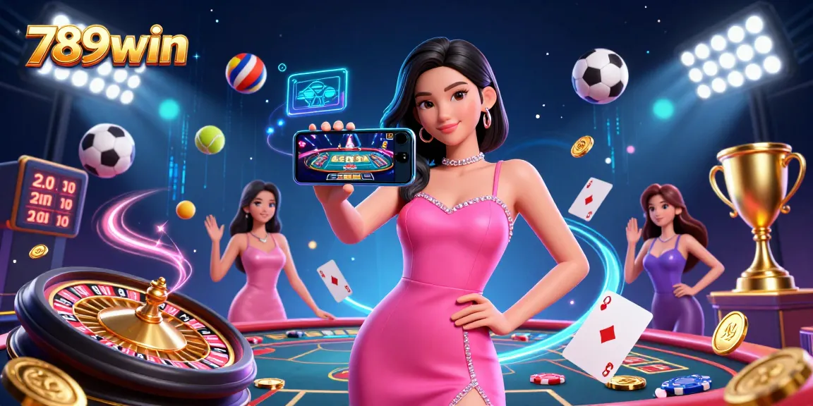 Experience thrilling gaming action at 789win with dynamic sports and casino elements surrounding a confident player.