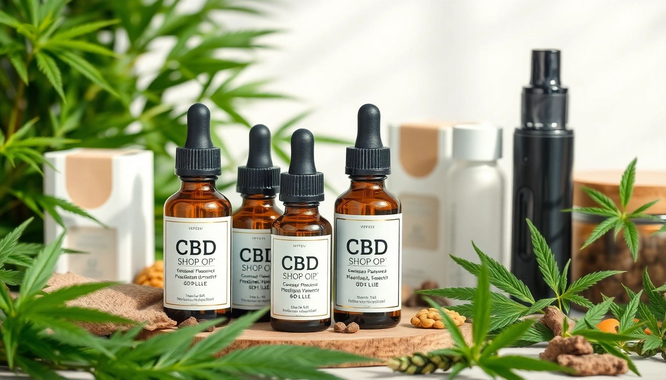 CBD shop display featuring premium CBD oil, natural wellness products, and botanical elements for a healthy lifestyle.