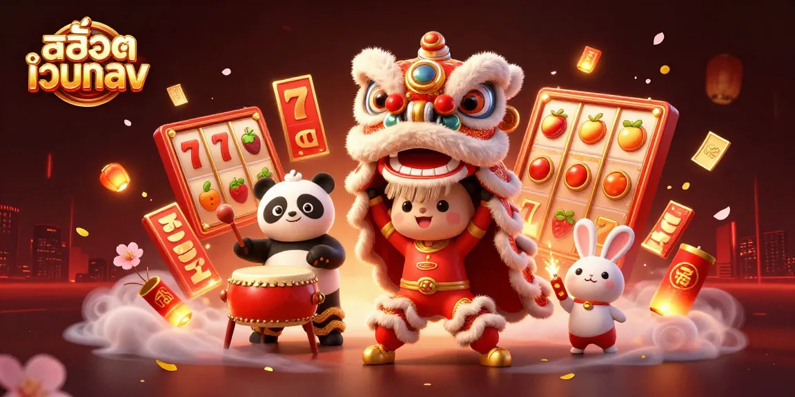 Engage with สล็อตเว็บตรง in a vibrant casino scene featuring colorful slot elements and festive characters.