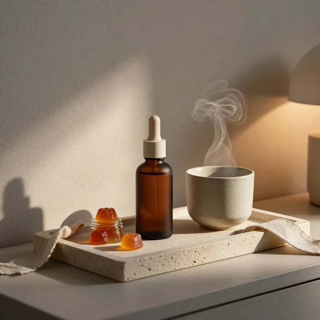 Sleep blend products on a stone tray, steam rising from a ceramic cup in warm bedside light.