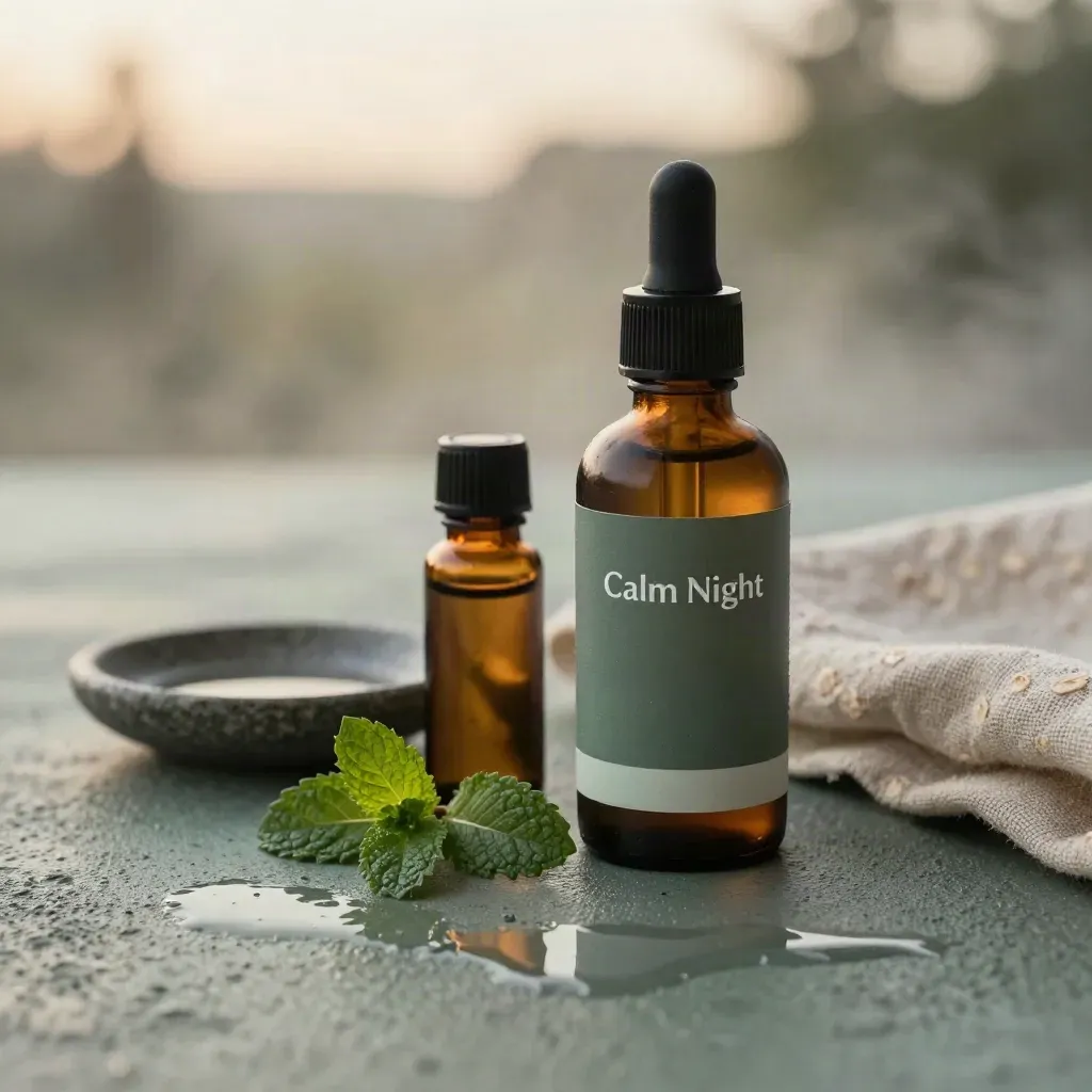 Pure Wave CBD oil bottle with mint, amber vial, and linen in a rain-dusted dusk still life.