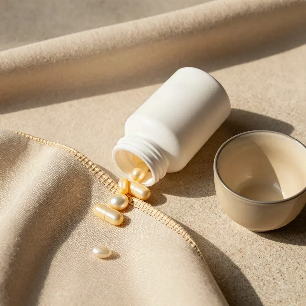 Softgels bottle nestled in cream silk with capsules and a ceramic cup, seen from above.