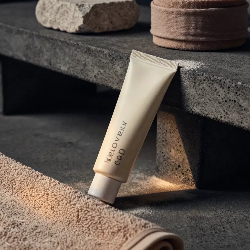 Macro of a CBD muscle rub tube with towel, stone block and wrap band on concrete bench