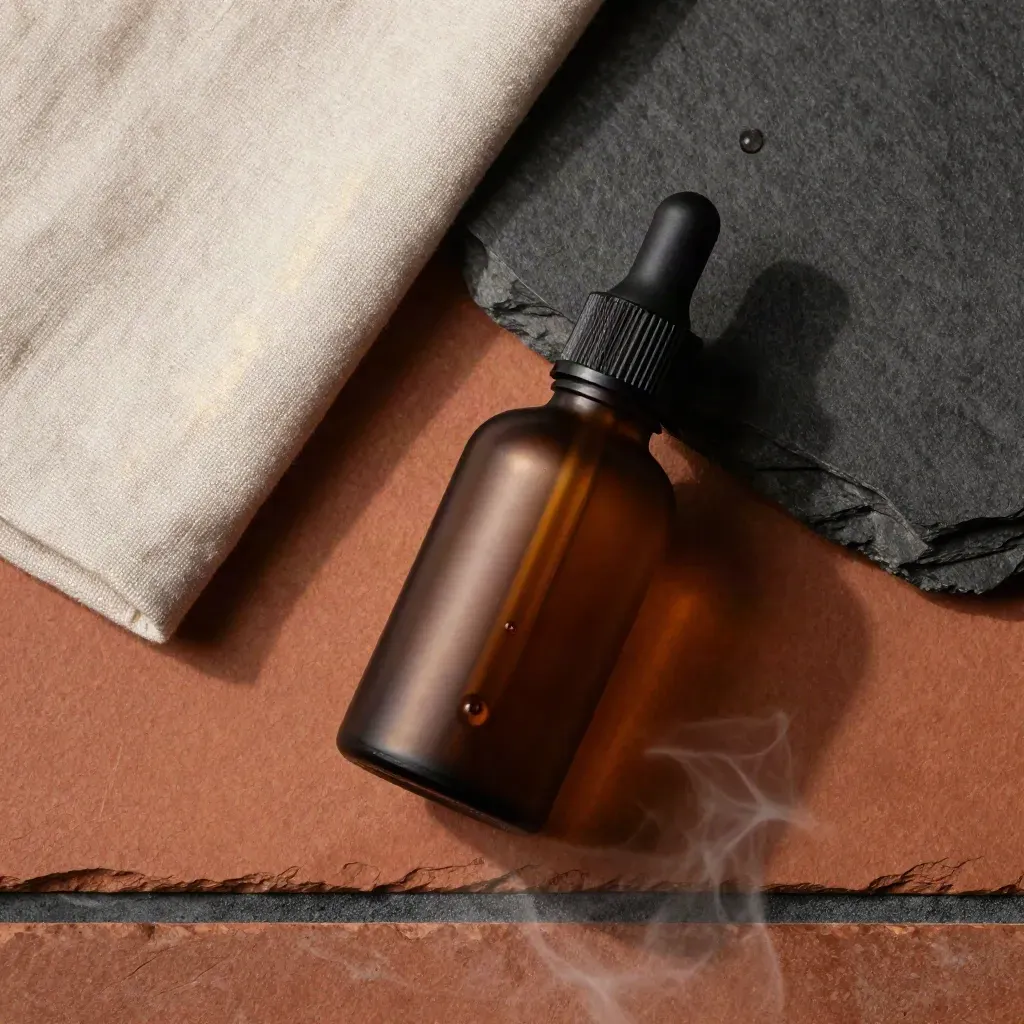 Overhead flatlay of a CBD tincture bottle, dropper, stone, linen square and steam.