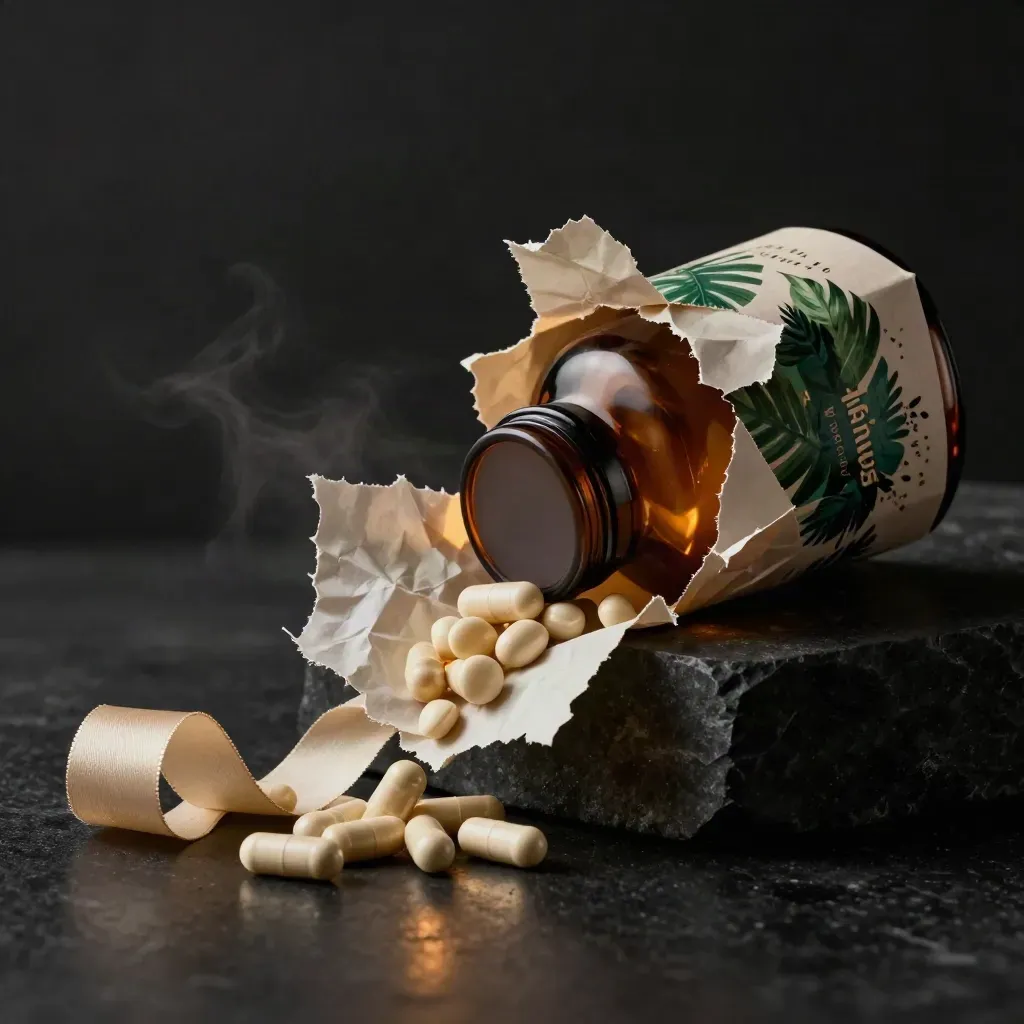 CBD oil bottle, gummies jar, capsules and torn gift wrap on a dark dramatic studio surface.