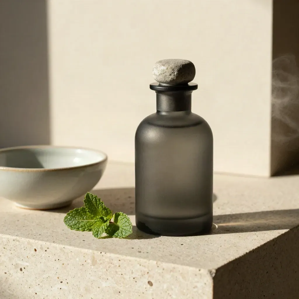 Dark glass CBD oil bottle with mint sprig and ceramic bowl on pale travertine, softly lit.