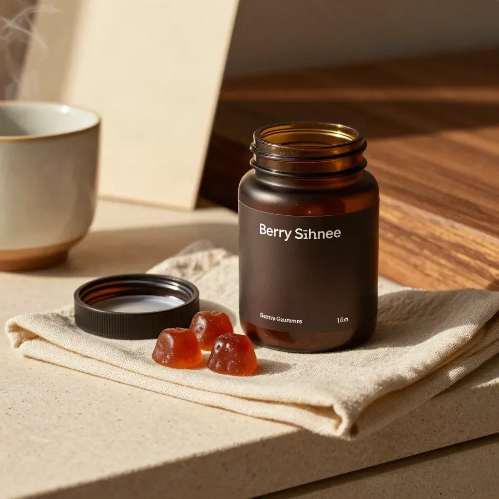 Berry sleep gummies jar with three gummies, linen, steam cup on pale stone.