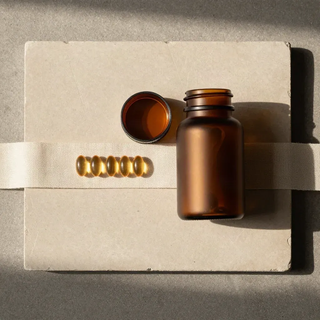 Overhead flatlay of a CBD softgels bottle, capsules, and linen on brushed plaster