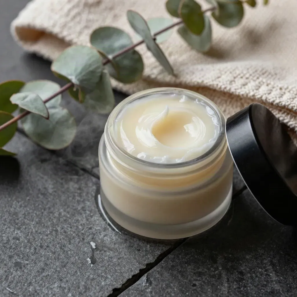Macro balm jar on stone tile with towel, eucalyptus leaf, and cool vapor.