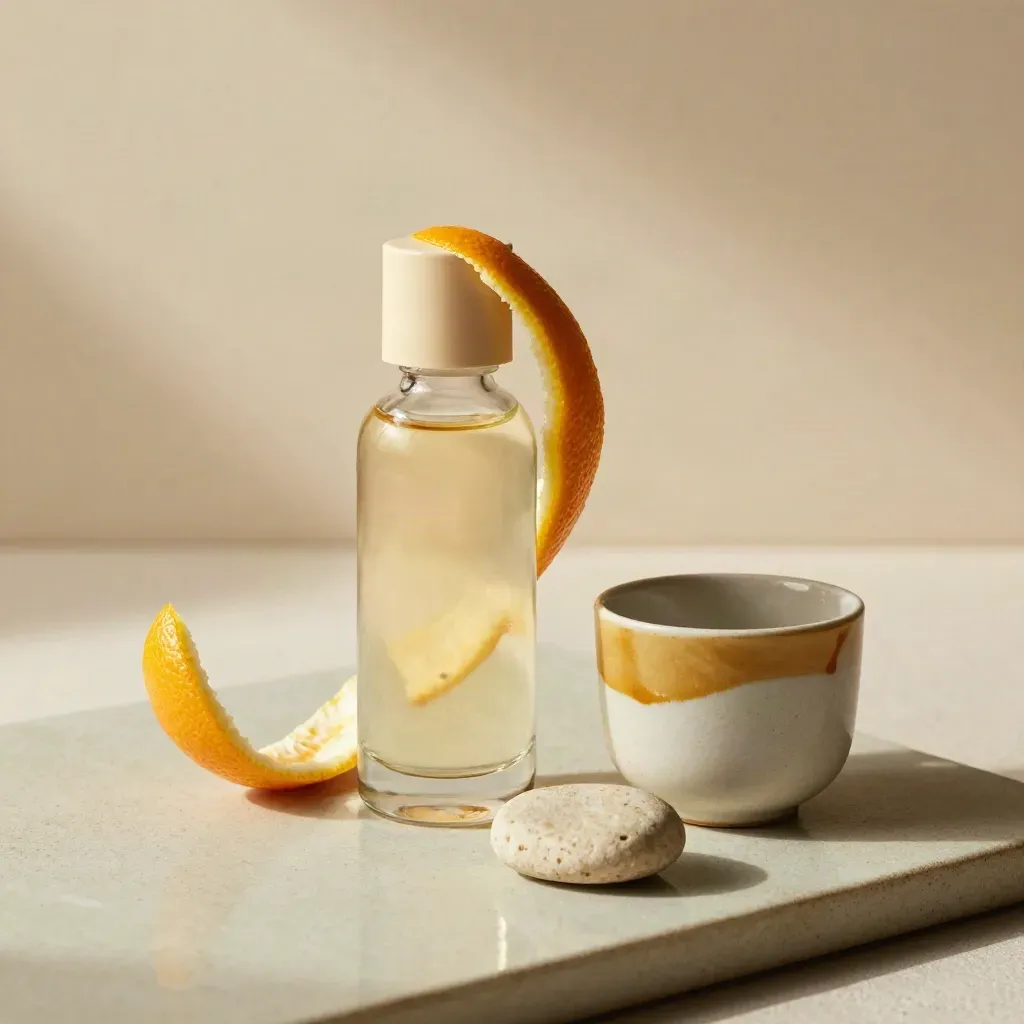 Citrus oil bottle with curved peel, ceramic cup, and pale stones on plaster
