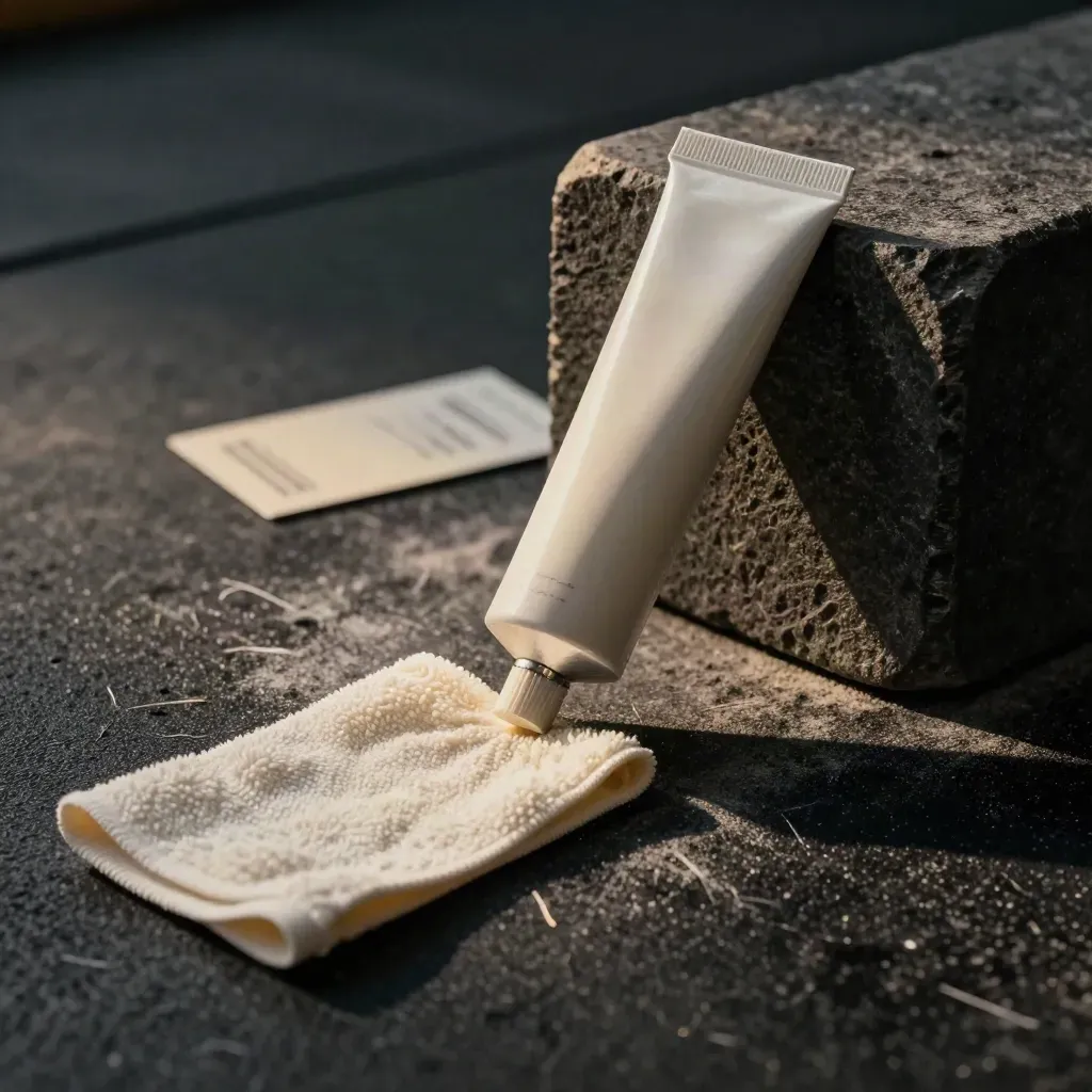 Recovery rub tube, towel, stone block, and chalk dust in a dramatic close-up.