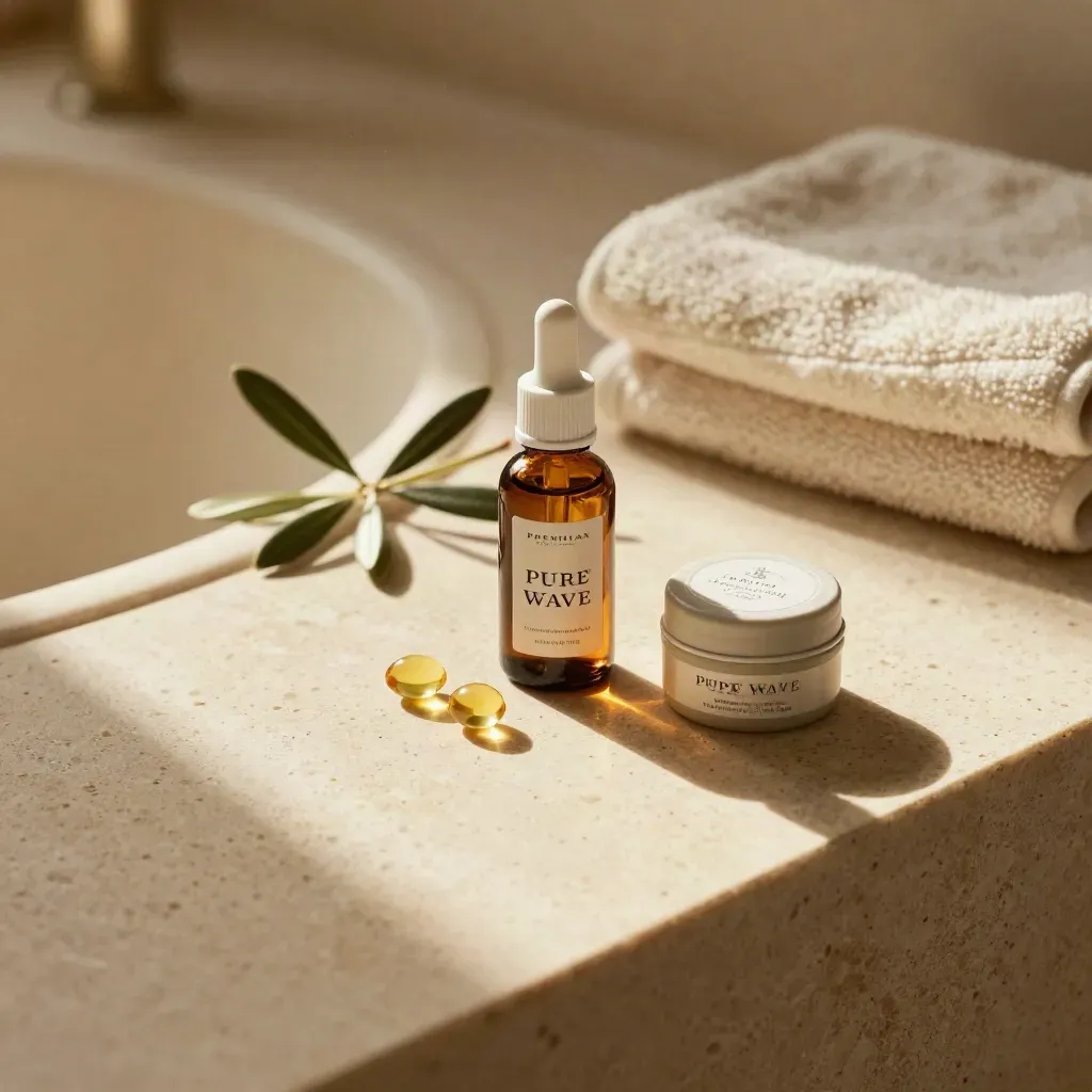 Amber CBD tincture with softgels and balm on sunlit travertine with olive branch and towel.