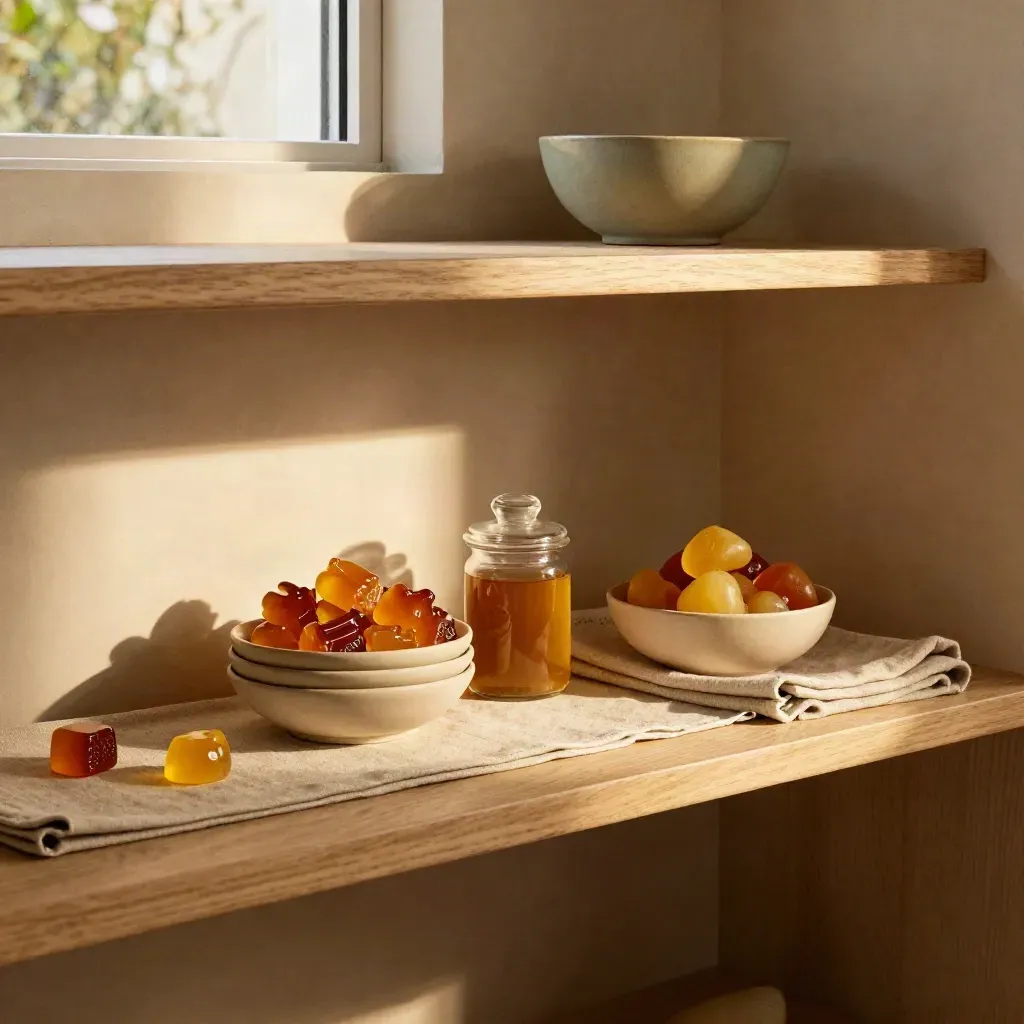 Pantry nook with CBD gummies, ceramic bowls, linen runner, and soft afternoon light.