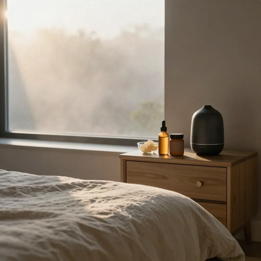 Fogged bedroom window, oat linen bed, and CBD sleep products in dawn haze.