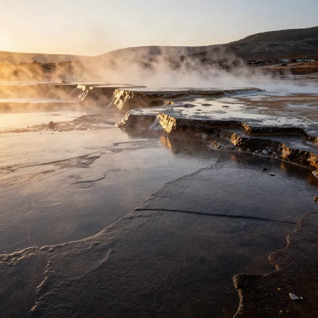 Steam rises over a rain-washed hot-spring terrace at sunset with a calm dark rock foreground.