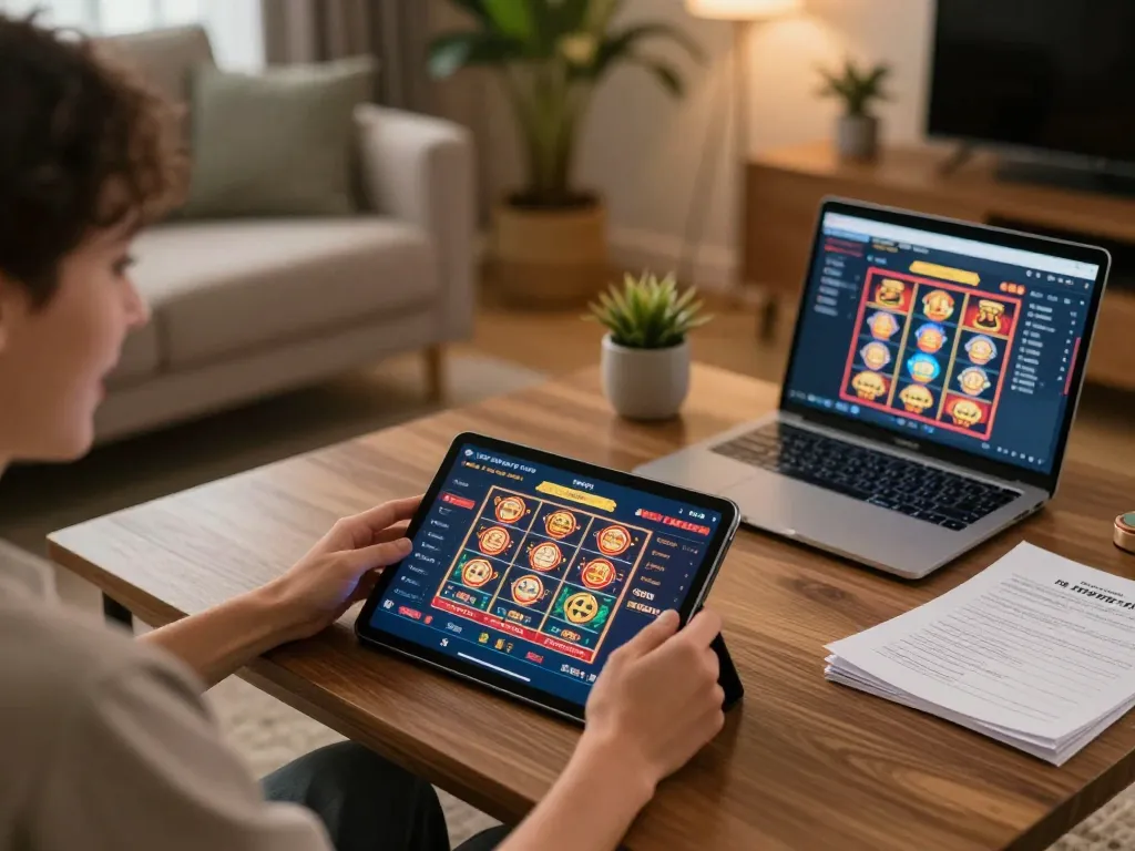 Betbet player engaging with online casino app on tablet in a cozy home setting
