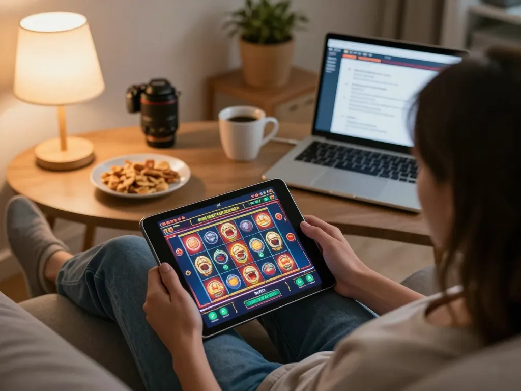 Player engaging with situs slot depo 10k on tablet, showcasing online gaming atmosphere and strategies