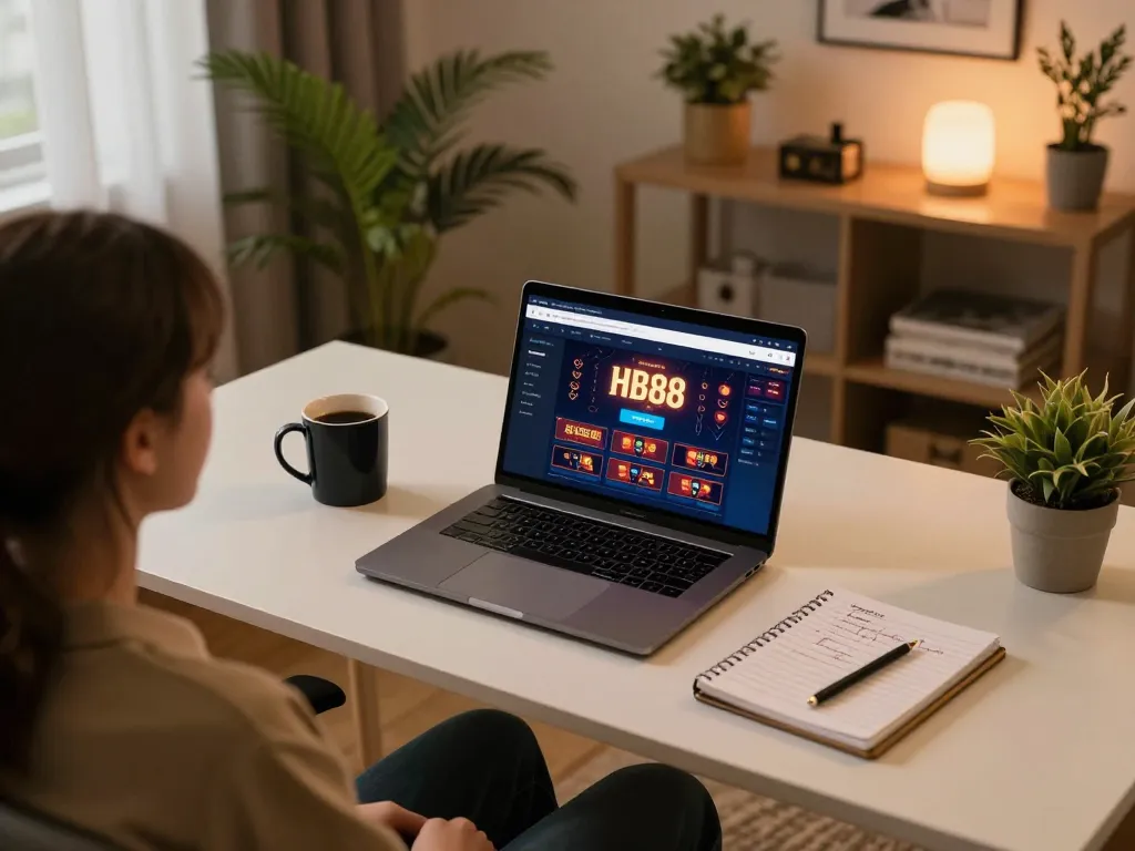 Player engaging with HB88 online casino on laptop while reviewing betting strategies