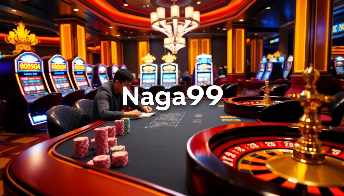 Players enjoying a thrilling game at Naga99 casino with poker chips and roulette.