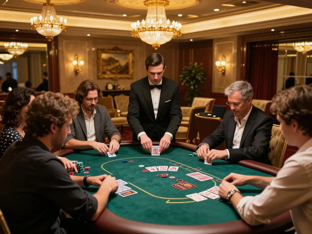High-stakes poker in luxurious VIP gaming room at vipwin79, showcasing intense player focus and professional dealer