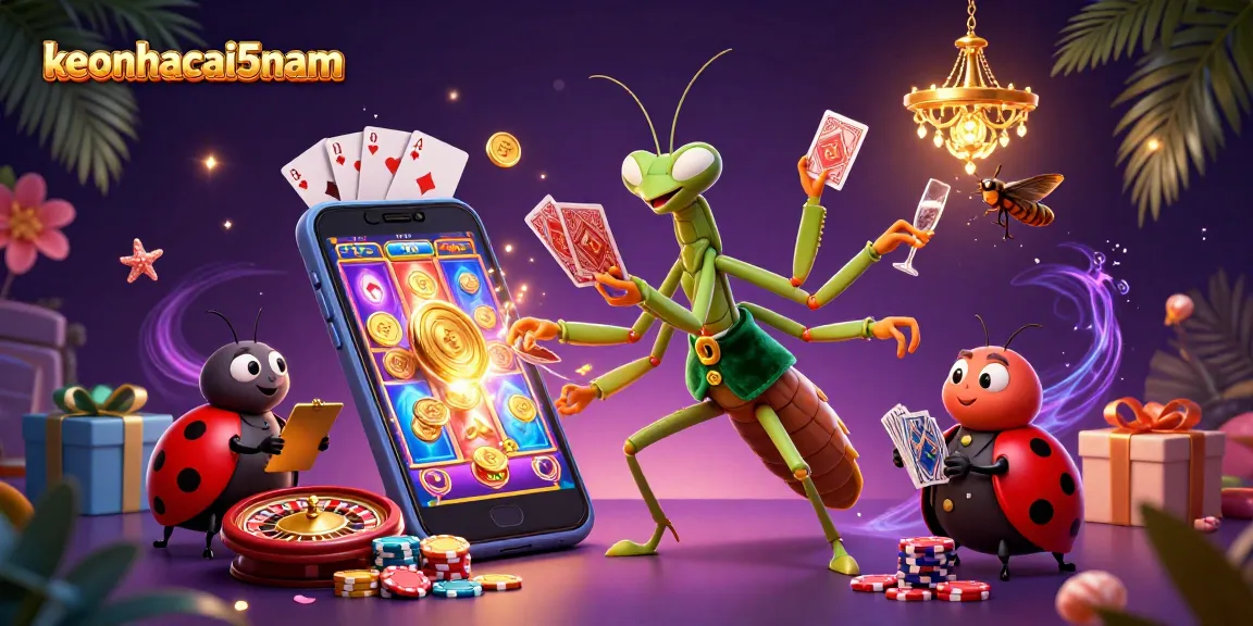 Engage with keonhacai5nam through vibrant casino elements and lively characters, showcasing gaming excitement.