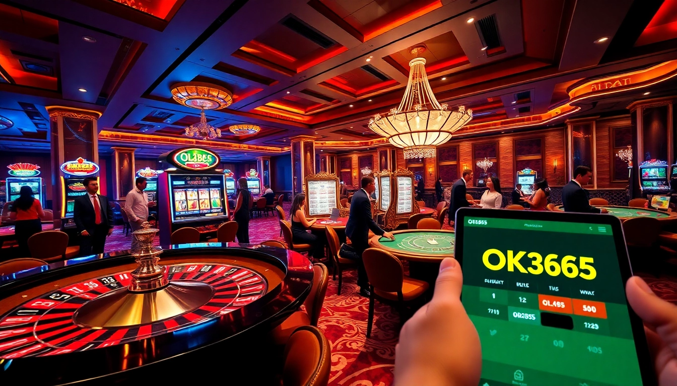 Exciting casino scene showcasing high-stakes gaming at OK365 with roulette and poker tables.