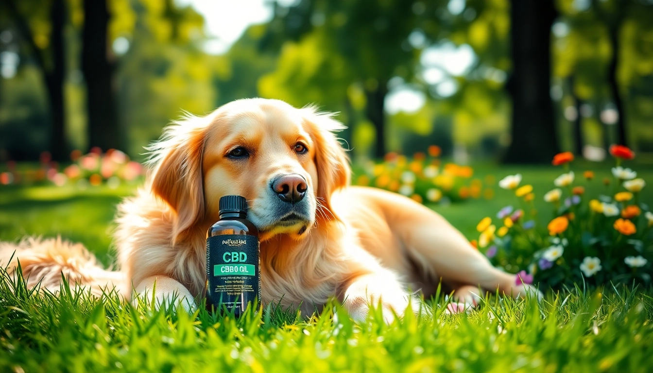 Calm golden retriever with CBD Oil For Dog bottle beside in a sunny park.