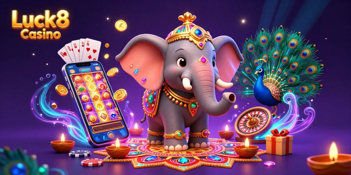 Experience the thrilling Luck8 Casino with a vibrant 3D scene featuring a colorful elephant, peacock, and casino games.
