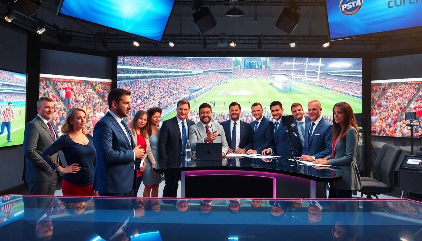 Engaging sports broadcasting studio highlighting diverse presenters and vibrant viewer interaction.