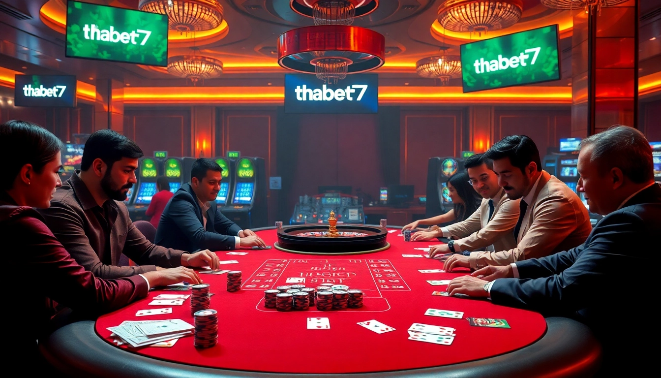 Experience the excitement of Thabet77's luxurious casino atmosphere with engaging poker players and vibrant gaming elements.