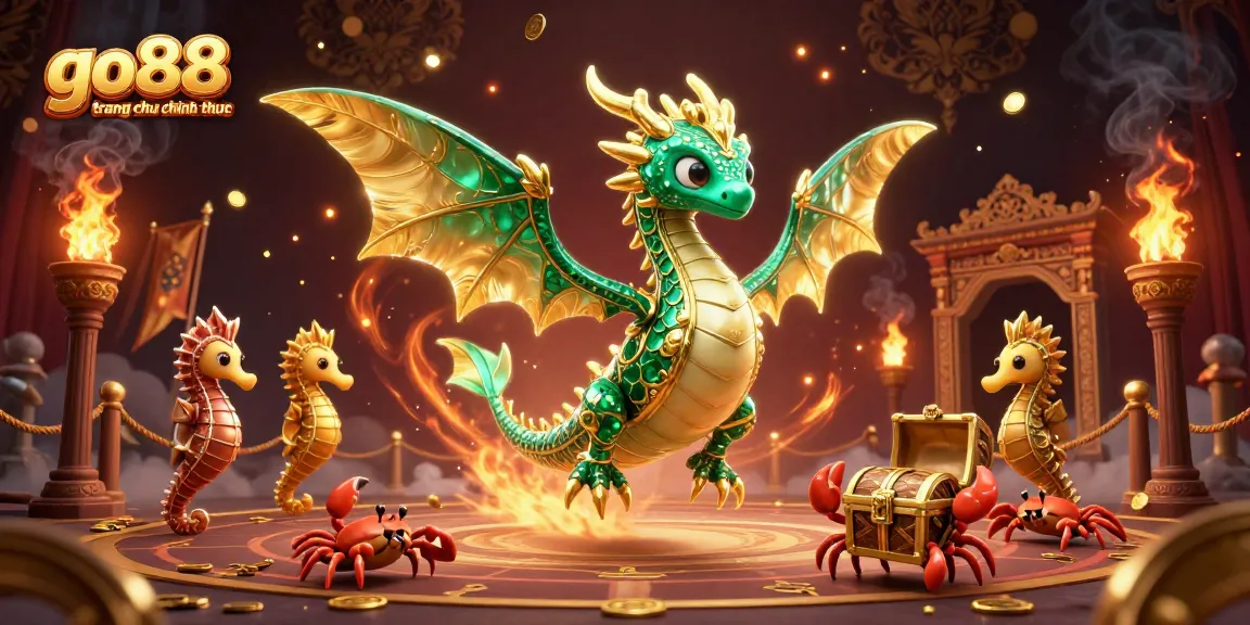 Experience go88 trang chu chinh thuc with a vibrant 3D cartoon sea dragon and royal seahorse guarding treasures.