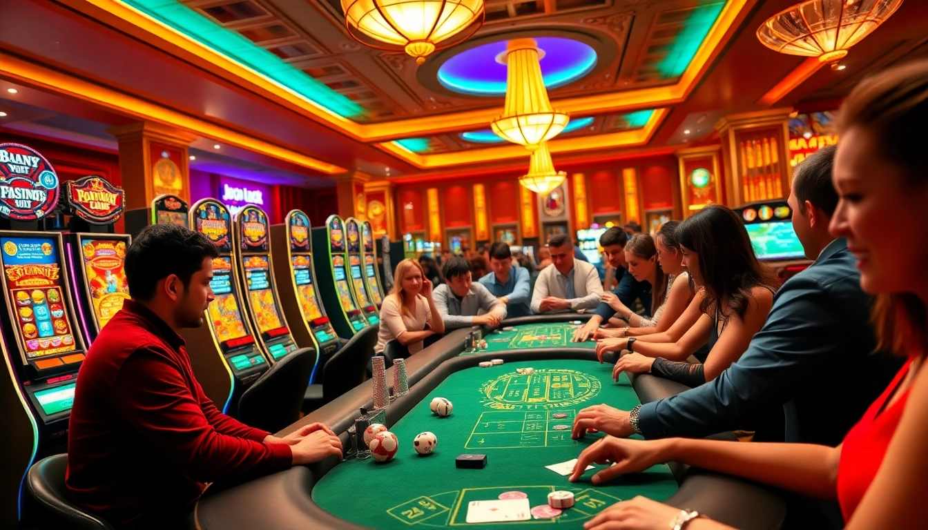Engaging players enjoy various games at Jogoluck casino, featuring vibrant slot machines and lively tables.