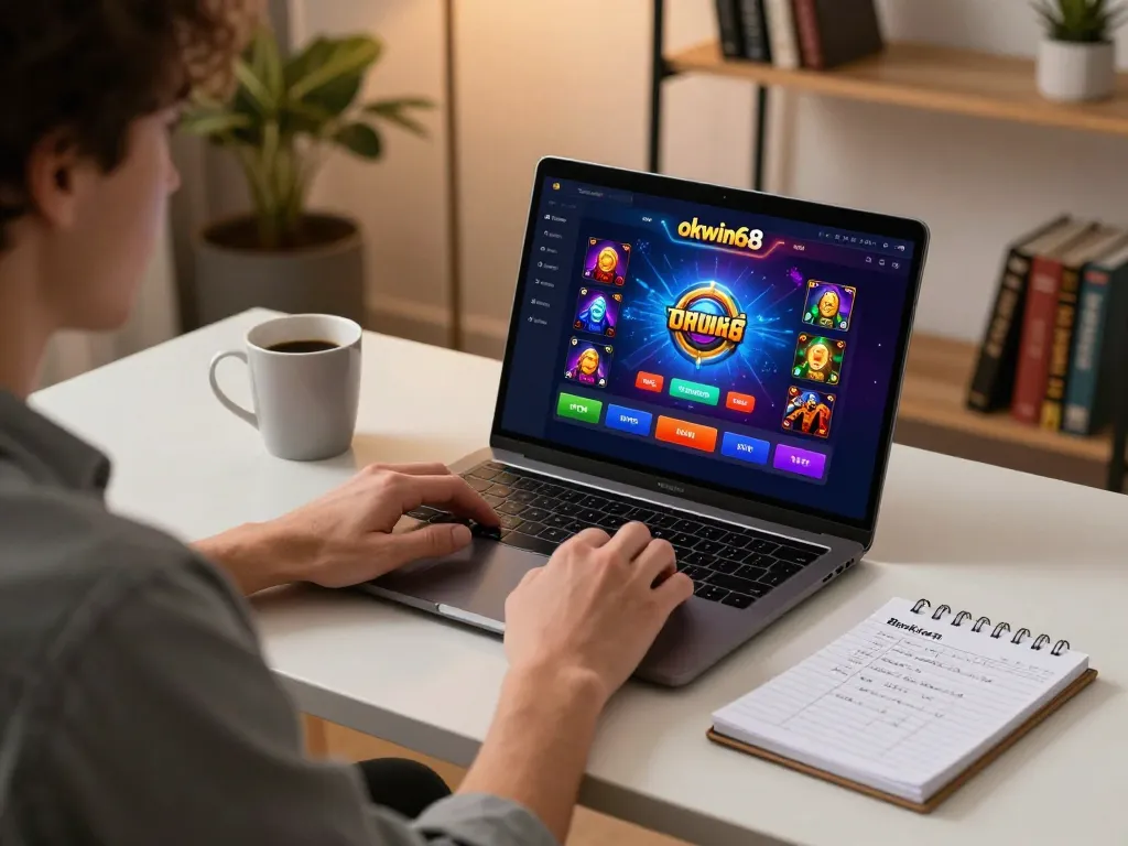Engaged player using okwin68 app on laptop for online casino gaming, featuring vibrant gaming interface and strategic notes.
