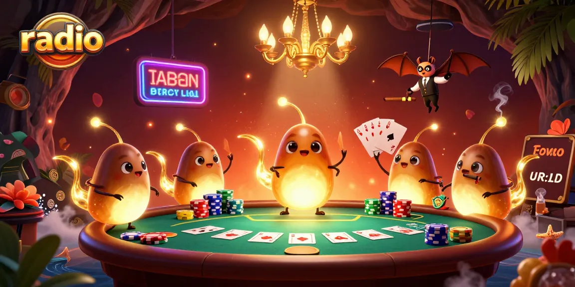 Engage with the vibrant casino atmosphere as radio-themed glowworms brighten the poker table in a dynamic scene.