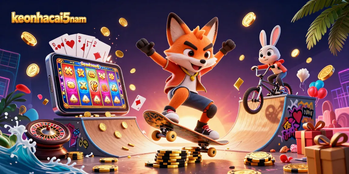 Engage with keonhacai5nam's vibrant 3D illustration showcasing a thrilling casino atmosphere with playful characters.