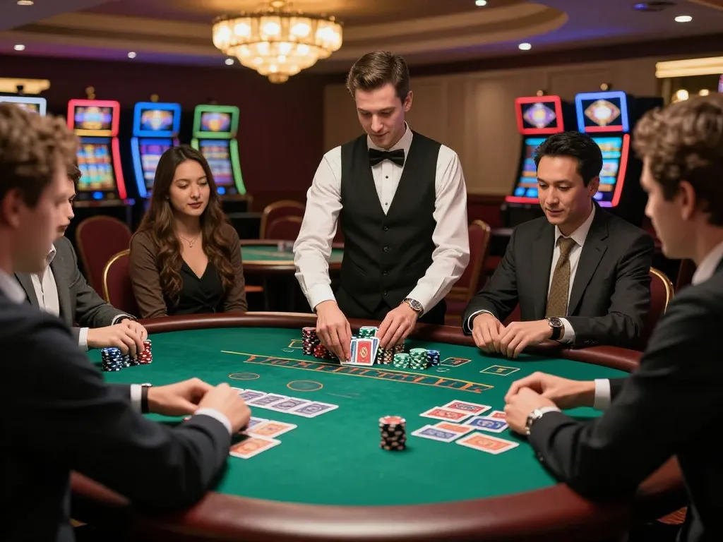 Engaged players at a blackjack table with cards and chips featured on https://s8inc.com/ in an upscale casino setting.