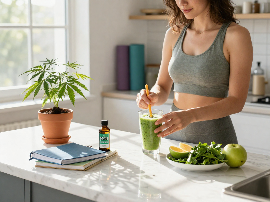 Top shelf flower delivery with premium CBD oil and natural wellness products in a bright kitchen setting for holistic health.
