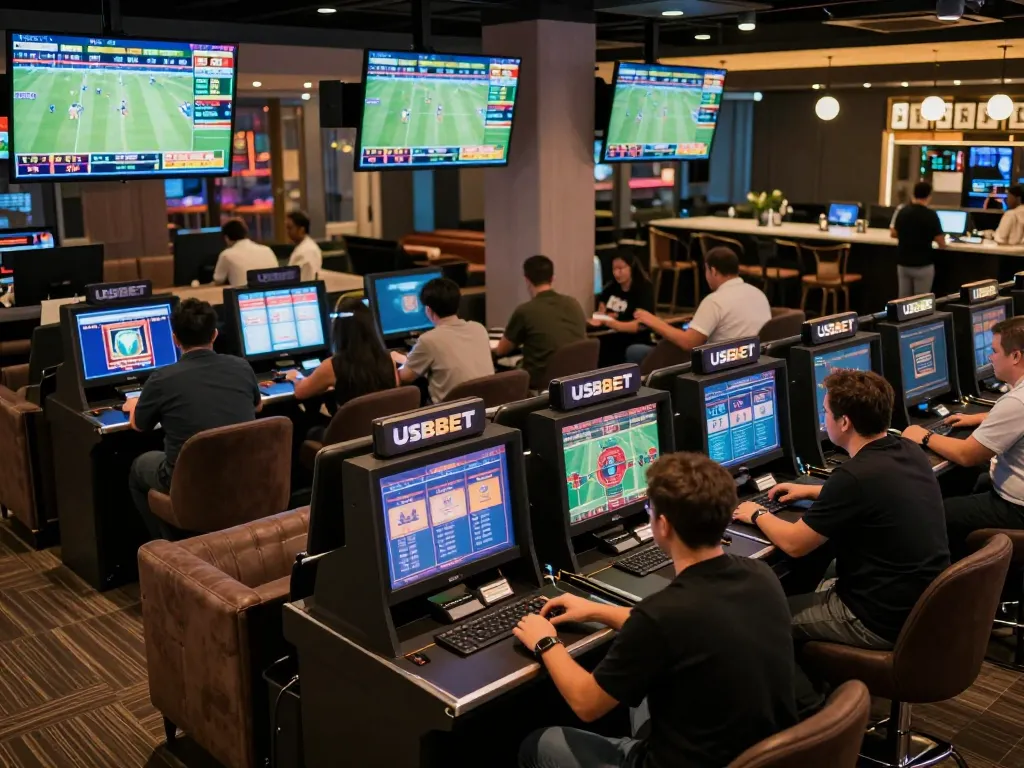 USBET patrons placing bets in an upscale sports lounge filled with excitement and dynamic screens